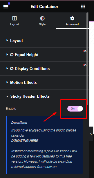 Select Sticky Effects (added by the plugin) under the Advanced tab
