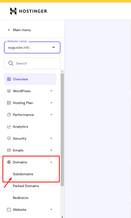 click on the sub domain
