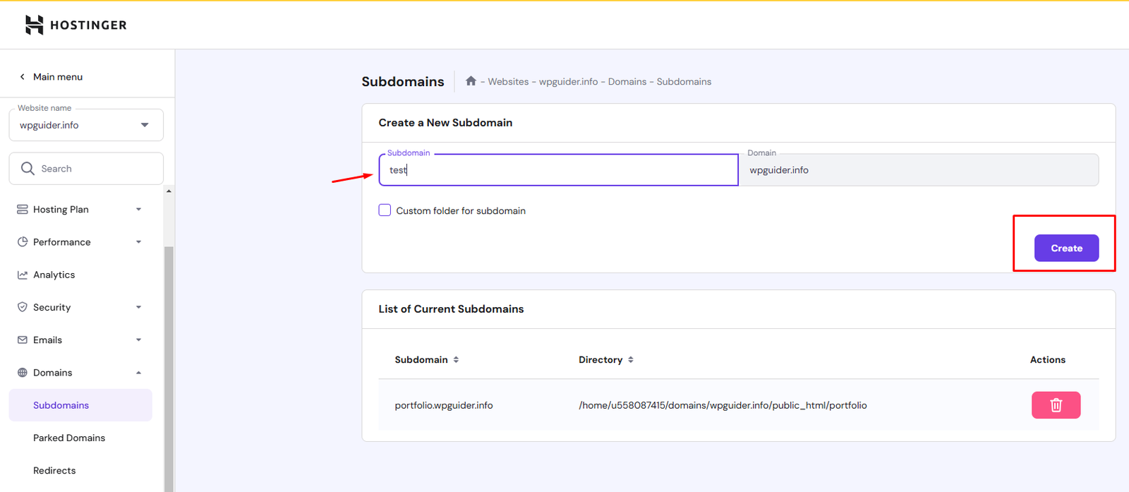 create sub domain on hostiner