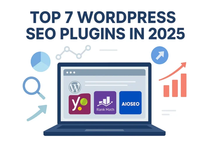 Illustration showing top WordPress SEO plugins in 2025 including Yoast, Rank Math, and AIOSEO for boosting website rankings